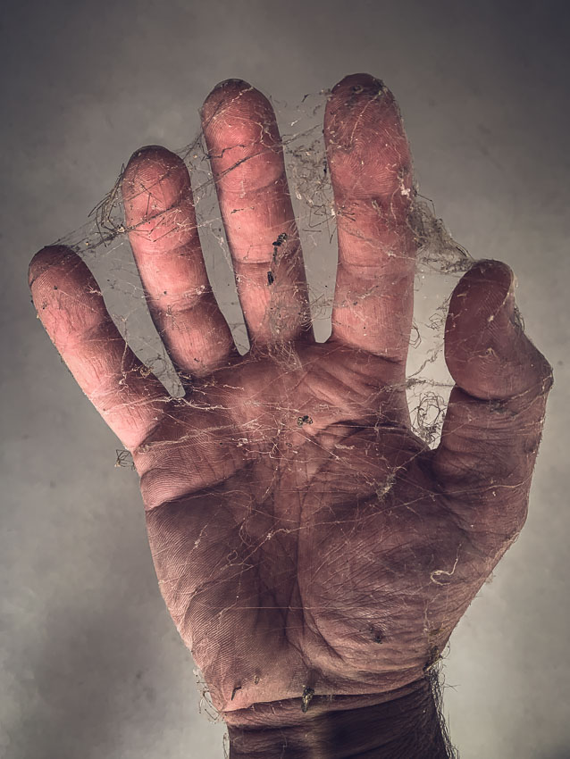 hand met spinnenwebben